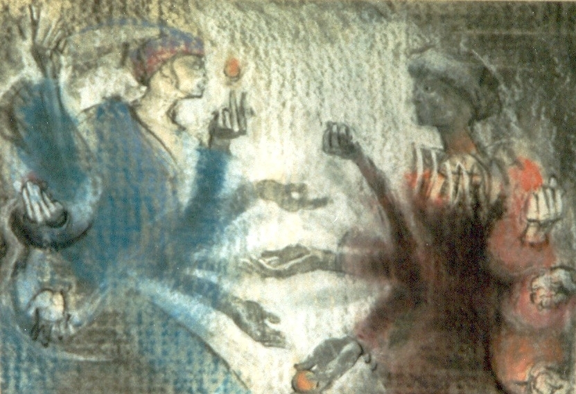 pastel study of two figures juggling